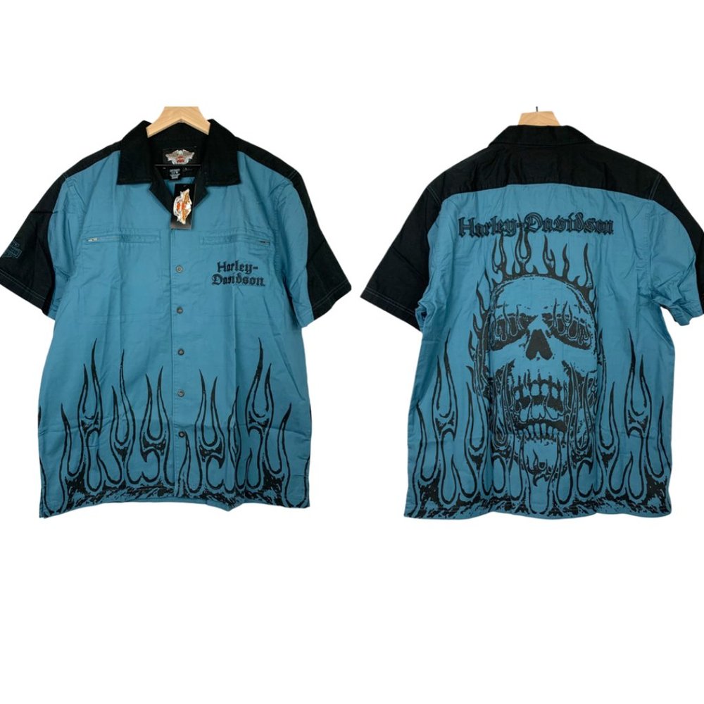 *SOLD* NWT Harley-Davidson Men's L Blue Short Sleeve Skull w/Flames Garage Club